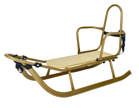 Sanki Polskie metalowe Adbor Piccolino + Gratis Latarka - sanki z oparciem, pasami i materacykiem kolor: Złoty