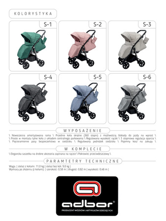Wózek spacerowy ADBOR SILLE 2022 !!!NOWOŚĆ!!! + Saszetka + Pokrowiec przeciwdeszczowy (kolor: S-3)