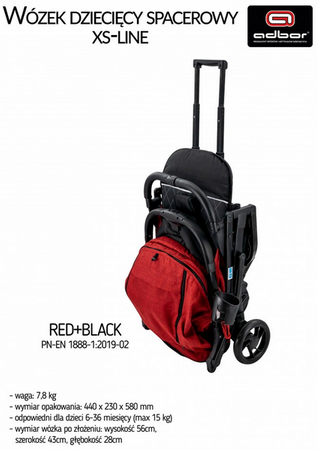 Wózek spacerowy ADBOR XS-LINE !!!NOWOŚĆ!!! + Śpiworek na nogi + Pokrowiec + Uchwyt na butelkę kolor: RED+BLACK