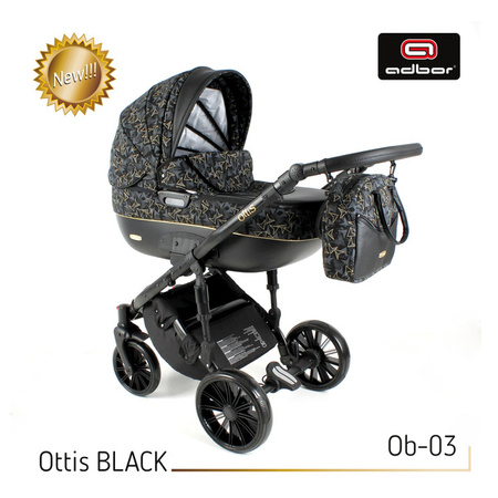Wózek dziecięcy ADBOR OTTIS BLACK 2022 3w1 + Torba + Pokrowiec + Moskitiera + Uchwyt na butelkę + Fotelik kolor: Ob-03