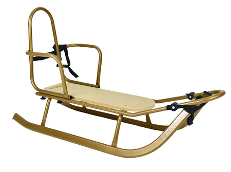 Sanki Polskie metalowe Adbor Piccolino + Gratis Latarka - sanki z oparciem, pasami, materacykiem i popychaczem kolor: Złoty