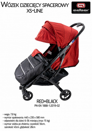Wózek spacerowy ADBOR XS-LINE !!!NOWOŚĆ!!! + Śpiworek na nogi + Pokrowiec + Uchwyt na butelkę kolor: RED+BLACK