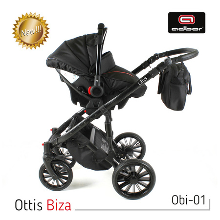 Wózek dziecięcy ADBOR OTTIS BLACK 2020 3w1 + Torba + Pokrowiec + Moskitiera + Uchwyt na butelkę + Fotelik kolor: Obi-01