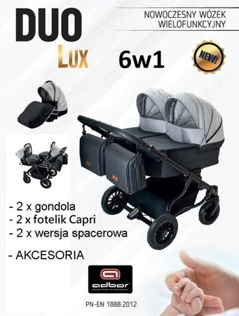 Wózek podwójny BLIŹNIACZY ADBOR DUO LUX 6w1 + Torby + Pokrowiec + Moskitiera + Uchwyt na butelkę + Foteliki kolor: DL-01