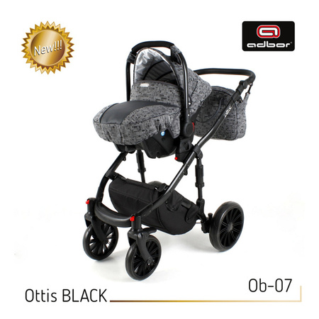Wózek dziecięcy ADBOR OTTIS BLACK 2022 3w1 + Torba + Pokrowiec + Moskitiera + Uchwyt na butelkę + Fotelik kolor: Ob-01