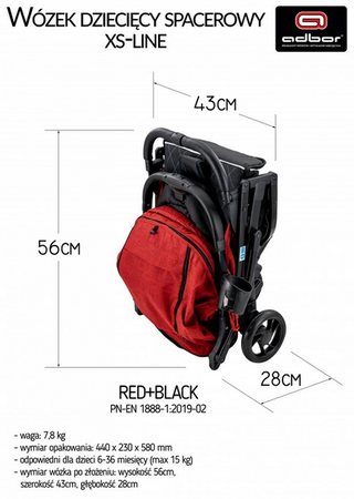 Wózek spacerowy ADBOR XS-LINE !!!NOWOŚĆ!!! + Śpiworek na nogi + Pokrowiec + Uchwyt na butelkę kolor: BLACK