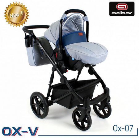Wózek dziecięcy ADBOR OX-V 3w1 + Torba + Pokrowiec + Moskitiera + Uchwyt na butelkę + Fotelik (kolor: Ox-05)