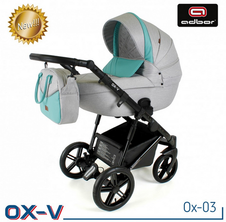 Wózek dziecięcy ADBOR OX-V 3w1 + Torba + Pokrowiec + Moskitiera + Uchwyt na butelkę + Fotelik (kolor: Ox-03)