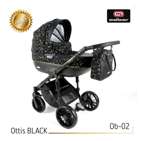 Wózek dziecięcy ADBOR OTTIS BLACK 2022 3w1 + Torba + Pokrowiec + Moskitiera + Uchwyt na butelkę + Fotelik kolor: Ob-02