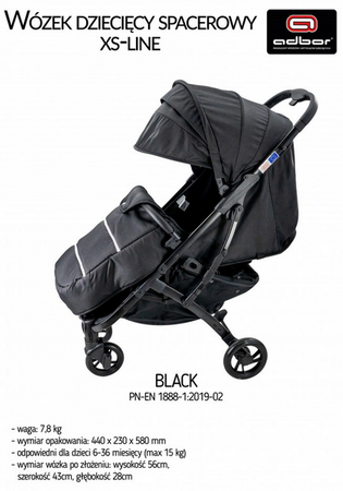 Wózek spacerowy ADBOR XS-LINE !!!NOWOŚĆ!!! + Śpiworek na nogi + Pokrowiec + Uchwyt na butelkę kolor: BLACK