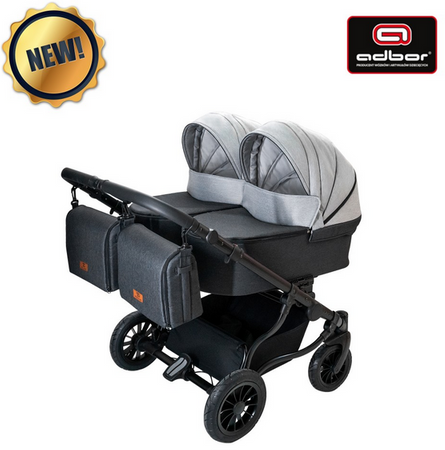 Wózek podwójny BLIŹNIACZY ADBOR DUO LUX 4w1 + Torby + Pokrowiec + Moskitiera + Uchwyt na butelkę (kolor: DL-02)