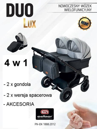Wózek podwójny BLIŹNIACZY ADBOR DUO LUX 4w1 + Torby + Pokrowiec + Moskitiera + Uchwyt na butelkę (kolor: DL-02)