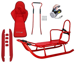 Sanki Polskie metalowe Adbor Piccolino + Gratis Latarka - sanki z oparciem, pasami, podnóżkami, materacykiem i popychaczem kolor: Czerwony