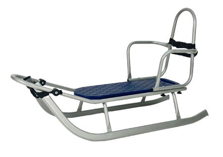 Sanki Polskie metalowe Adbor Piccolino + Gratis Latarka - sanki z oparciem, pasami, podnóżkami, materacykiem i popychaczem kolor: Srebrne