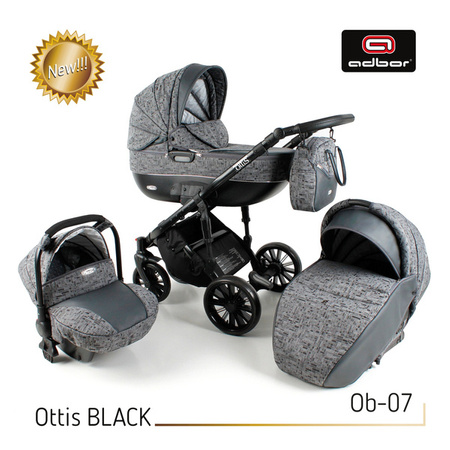 Wózek dziecięcy ADBOR OTTIS BLACK 2022 3w1 + Torba + Pokrowiec + Moskitiera + Uchwyt na butelkę + Fotelik kolor: Ob-02
